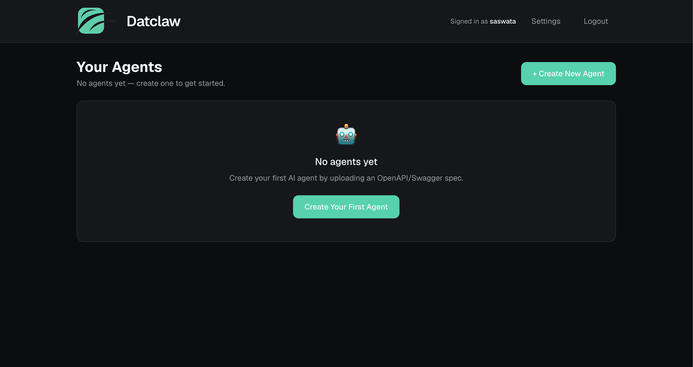 Datclaw dashboard creating an AI agent from an API specification